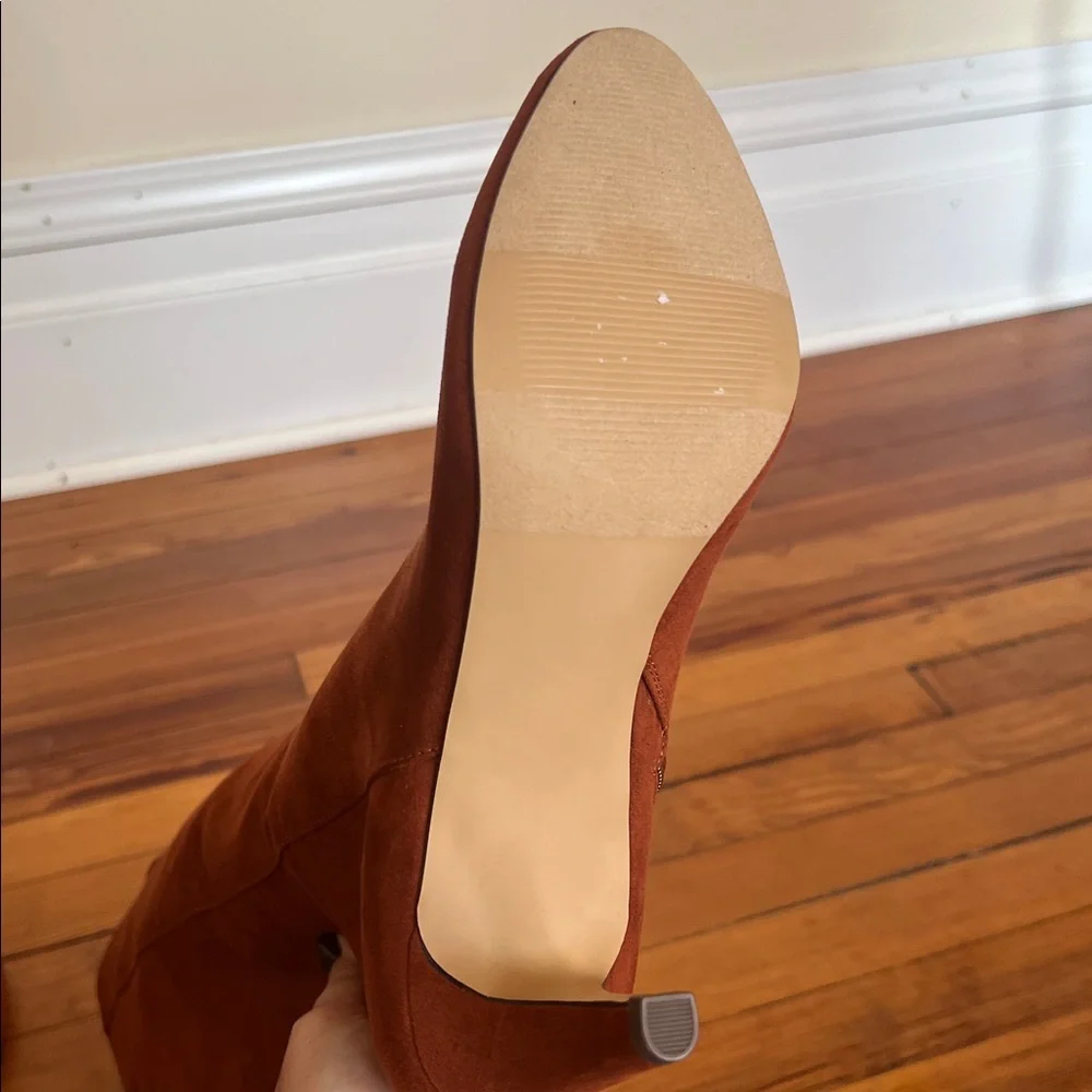 LOFT Chic Tipped Wanderweave Faux Suede Tall Heeled Boot Cognac Size 9 - Picture 9 of 12
